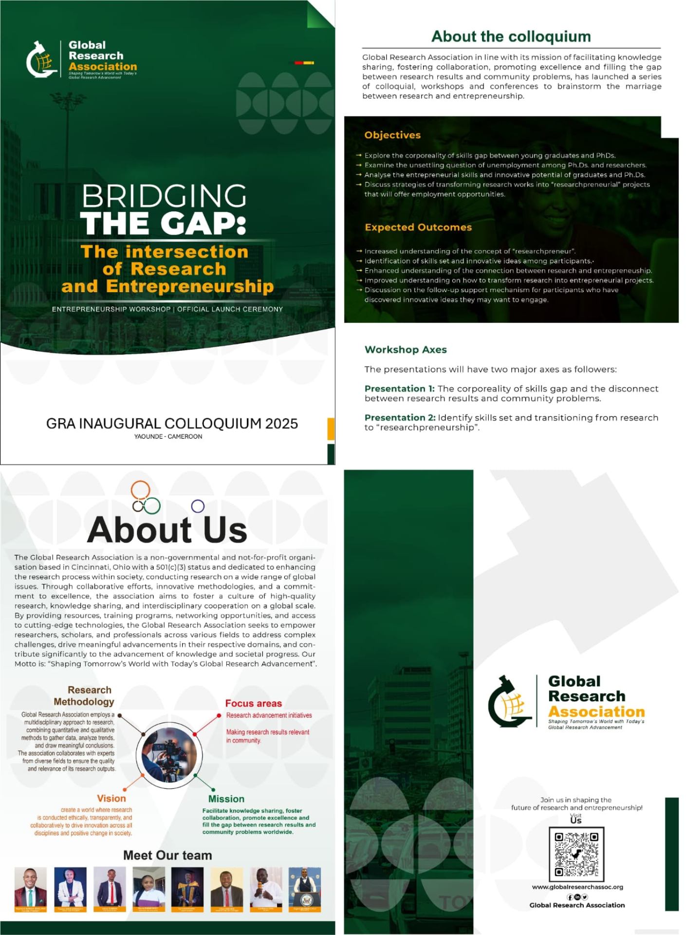 GRA Inaugural Colloquium brochure showing About the Colloquium, Objectives, Expected Outcomes and About Us pages