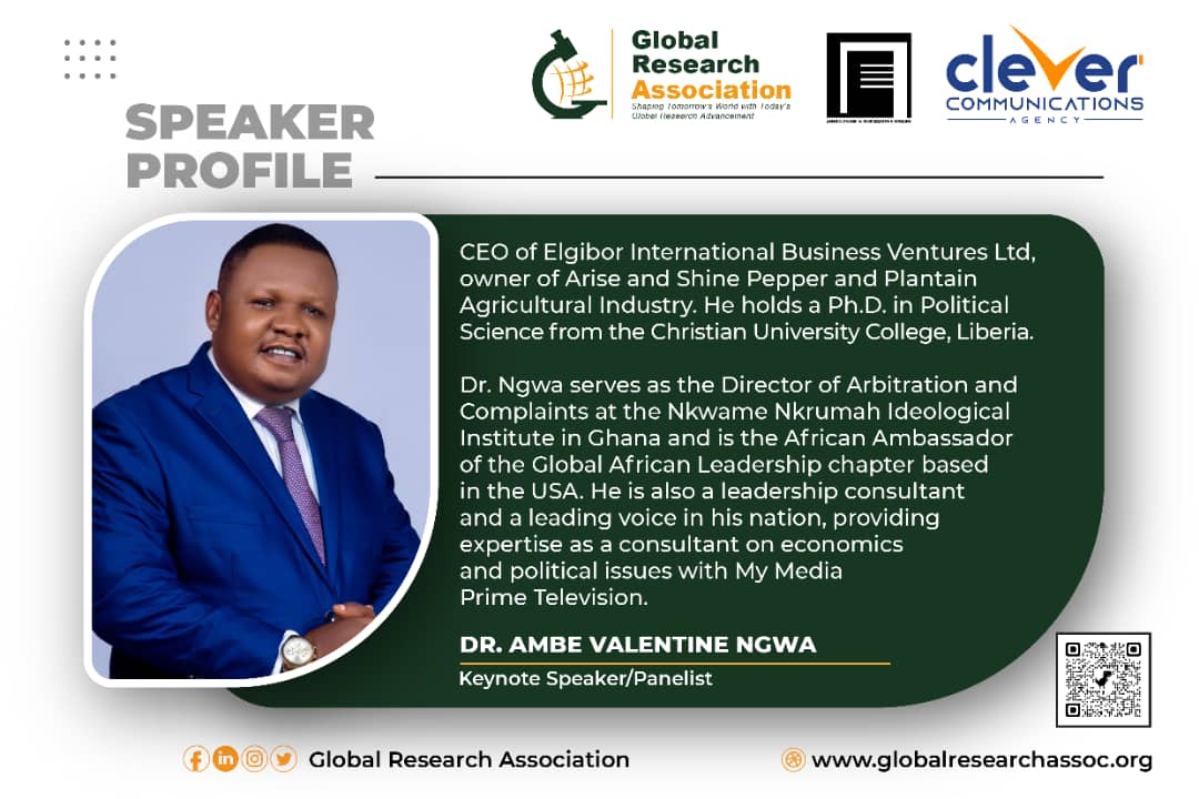 Speaker profile card for Dr. Ambe Valentine Ngwa, keynote speaker and panelist at the GRA Inaugural Colloquium